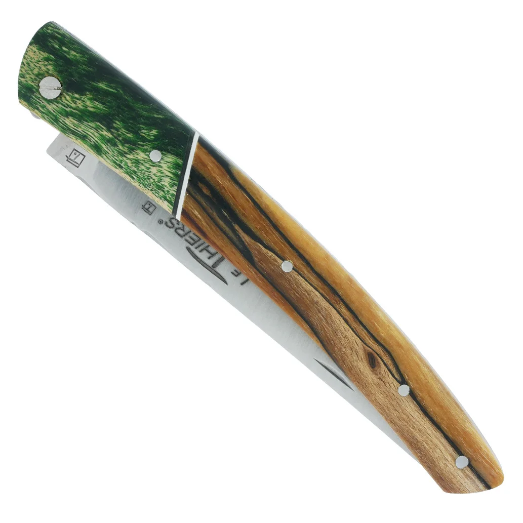 Couteau Thiers Fidèle Plein Manche Hêtre Fausse Mitre Bouleau Stabilisé Teinté vert Ressort Guilloché Finition PIECE UNIQUE Édition Limitée Art Table Française Promotion