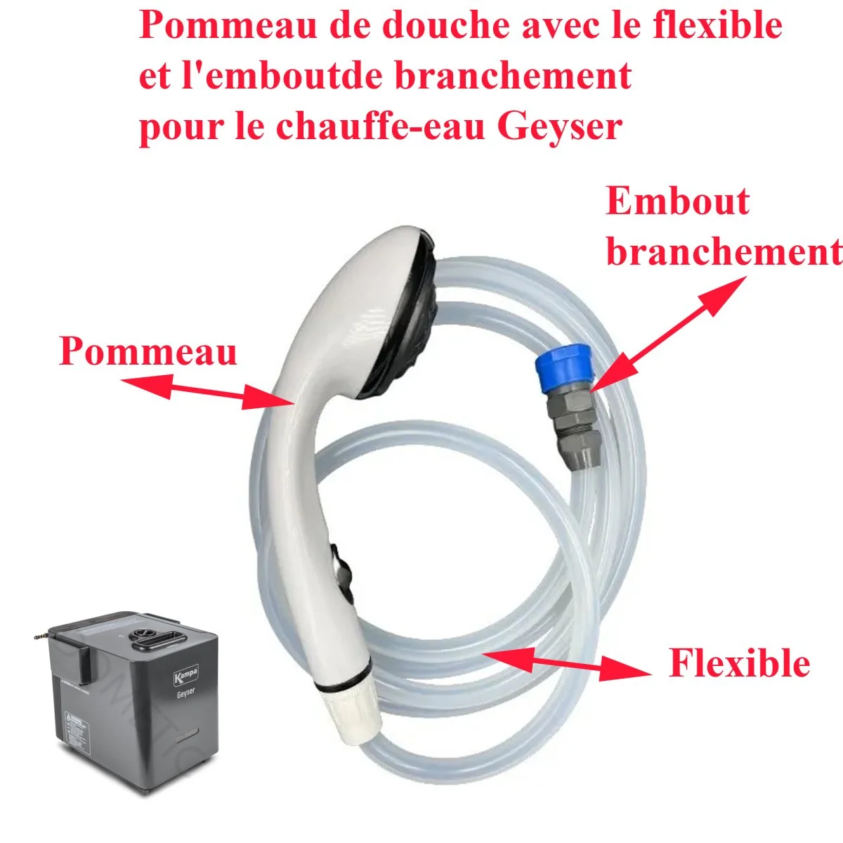 Kampa Geyser, pommeau de douche avec le flexible et l’embout de branchement - Accessoires Outdoor pour Plus de Liberté de Mouvement - bras douche pommeau douche branchement liberté mouvement