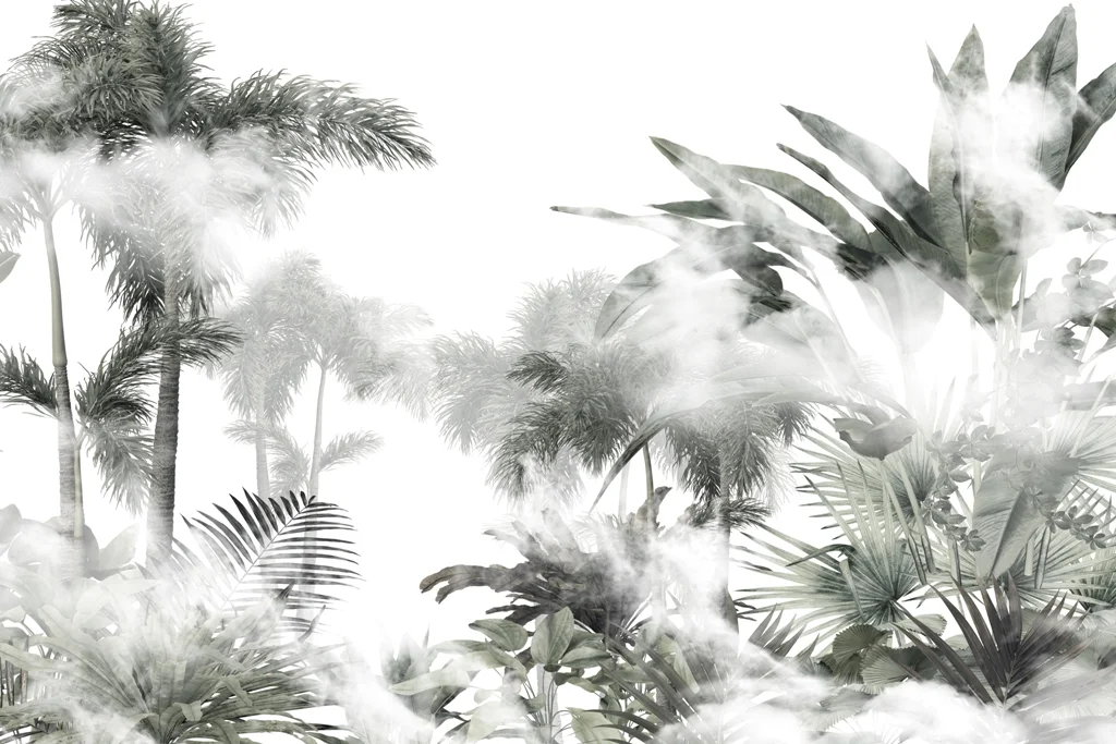 Papier peint Les cimes blanches des palmiers derrière le brouillard - Saldi Straordinari – Offerte Speciali Disponibili Adesso