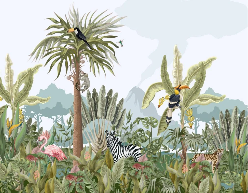 Peinture murale Couleurs de la jungle - Saldi Straordinari – Offerte Speciali Disponibili Adesso Papier peint Jungle forestière, palmiers, girafe, éléphant, zèbre,  aquarelle, verdure, bananier, fleurs nr. w00089 - Uwalls