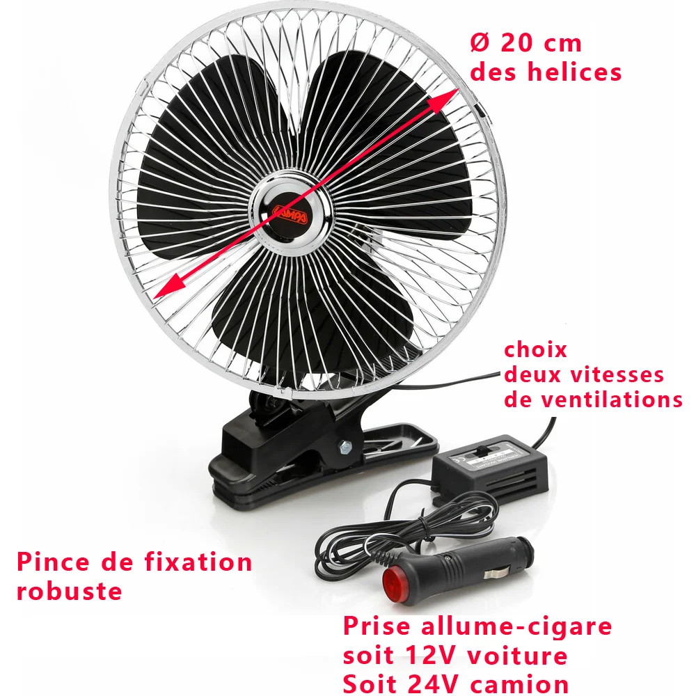Ventilateur chromé 8 pouces (20cm) 24V ou 12V - Accessoires Outdoor pour Plus de Liberté de Mouvement VENTILATEUR DE TABLE. COULEUR CHROME. PUISSANCE: 60W; 61,7 dB; PALMES: Ø40  cm