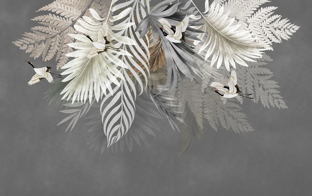 Papier peint Oiseaux blancs dans des feuilles de palmier - Saldi Straordinari – Offerte Speciali Disponibili Adesso - papiers peints papier oiseau feuille palmier