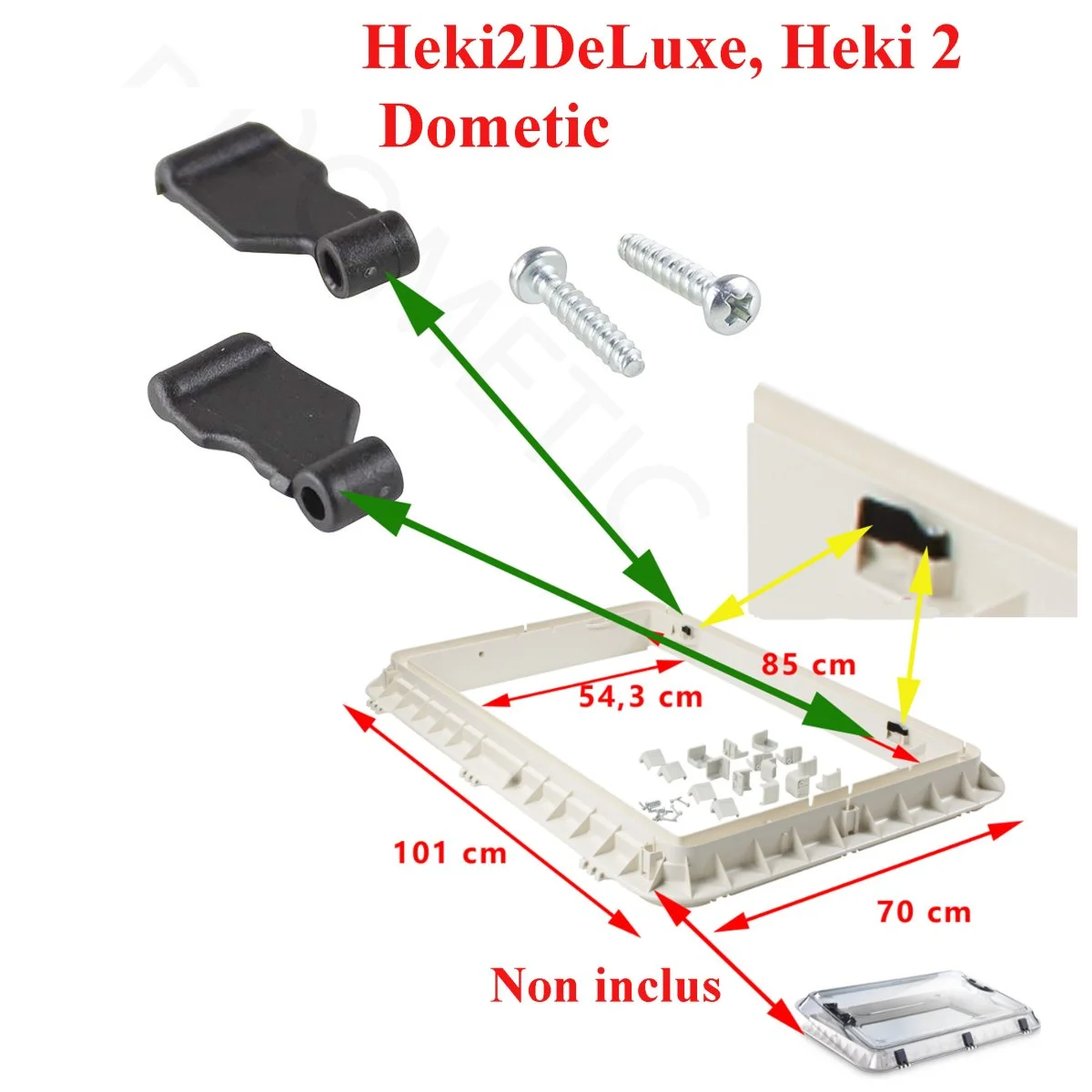 Dometic, clips de fixation dans le cadre pour les lanterneaux: Heki2DeLuxe, Heki 2 - Accessoires Outdoor pour Plus de Liberté de Mouvement Dometic, Heki bras de fixation et son support sur le cadre des lanterneaux  Heki 3 plus - La Boutique de la Route