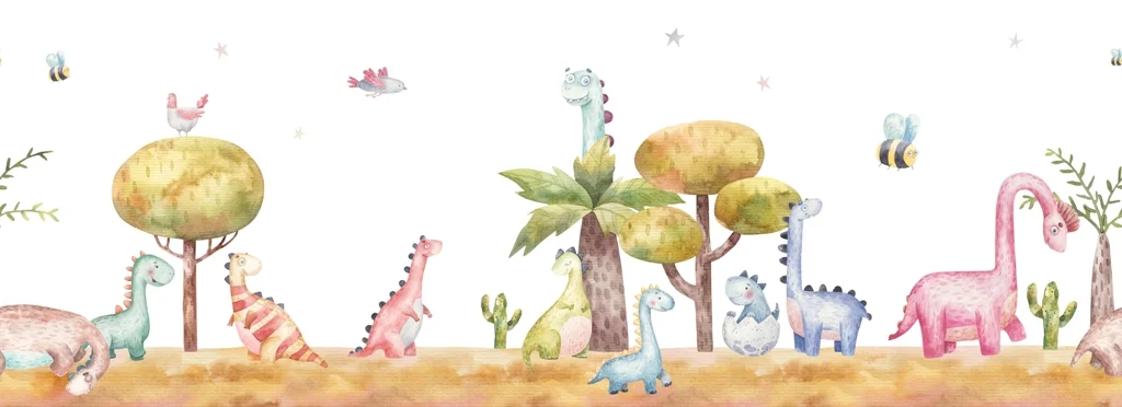 Papier peint Dinosaures colorés - Saldi Straordinari – Offerte Speciali Disponibili Adesso AMAURY - Papier peint panoramique dinosaures rigolos - Anatole Designs