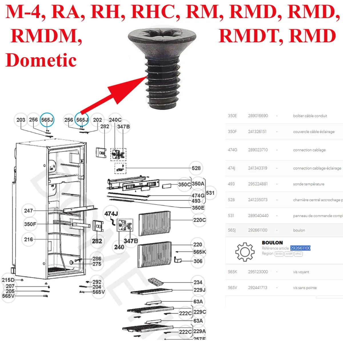 Dometic vis support charnière réfrigérateur M-4 RA RH RHC RM RMD RMD RMDM RMDT RMD Accessoires Outdoor Liberté Mouvement