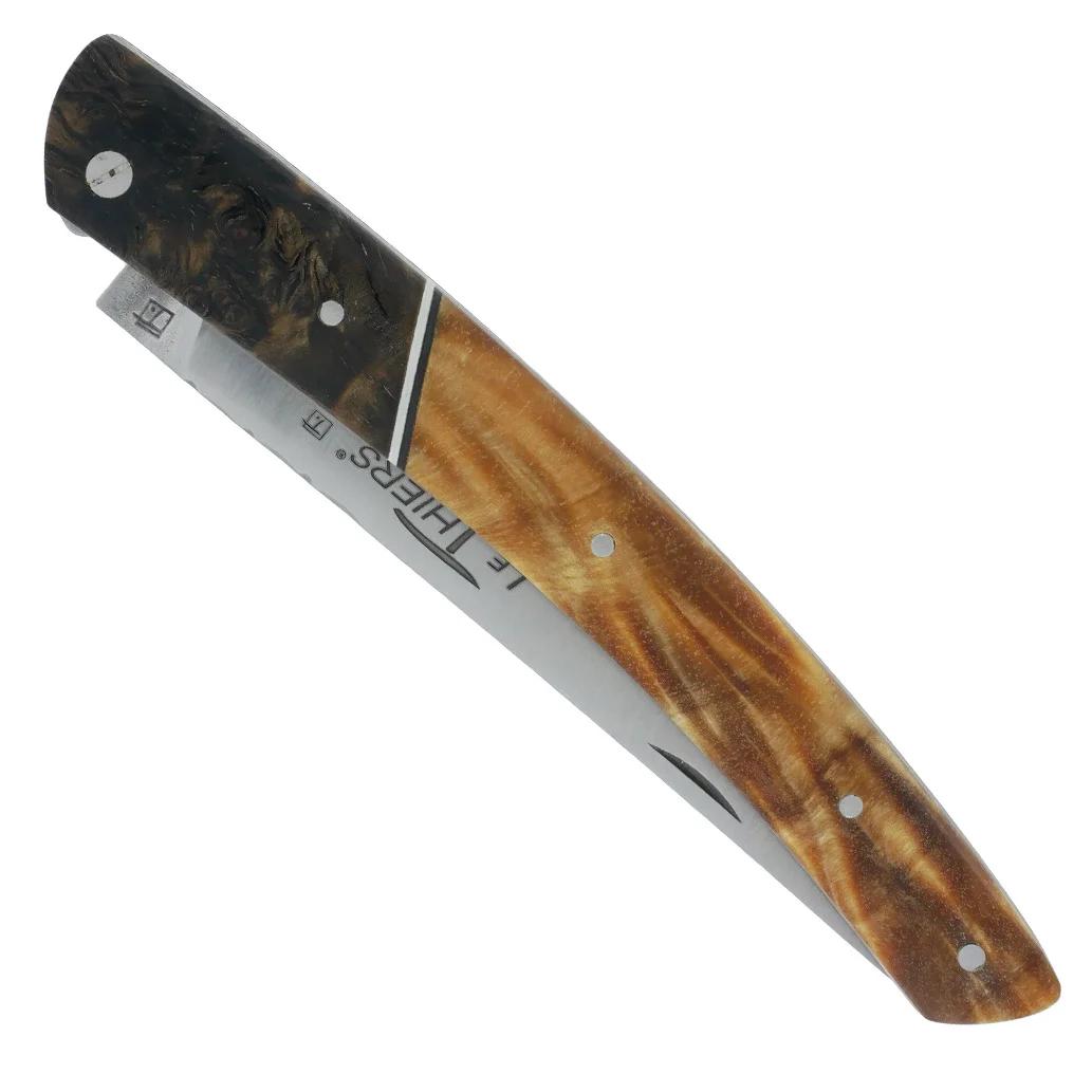 Couteau le Thiers Le Fidèle Plein Manche Fourche de Peuplier Stabilisé Fausse Mitre avant en Loupe d’Orme Eclats Ressort Guilloché Finition brossée 12cm PIECE UNIQUE - Édition Limitée – L’Art de la Table Française en Promotion !