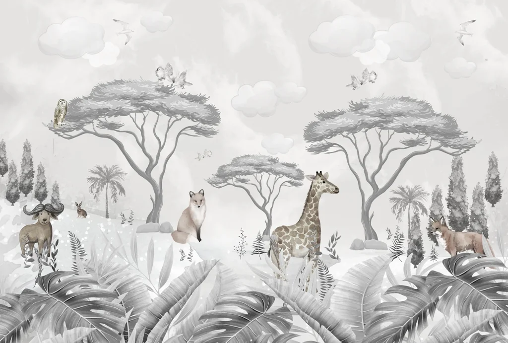 Papier peint Animaux sauvages en gris pour les enfants - Saldi Straordinari – Offerte Speciali Disponibili Adesso Papier peint enfant Animal Parade - Noir et Blanc