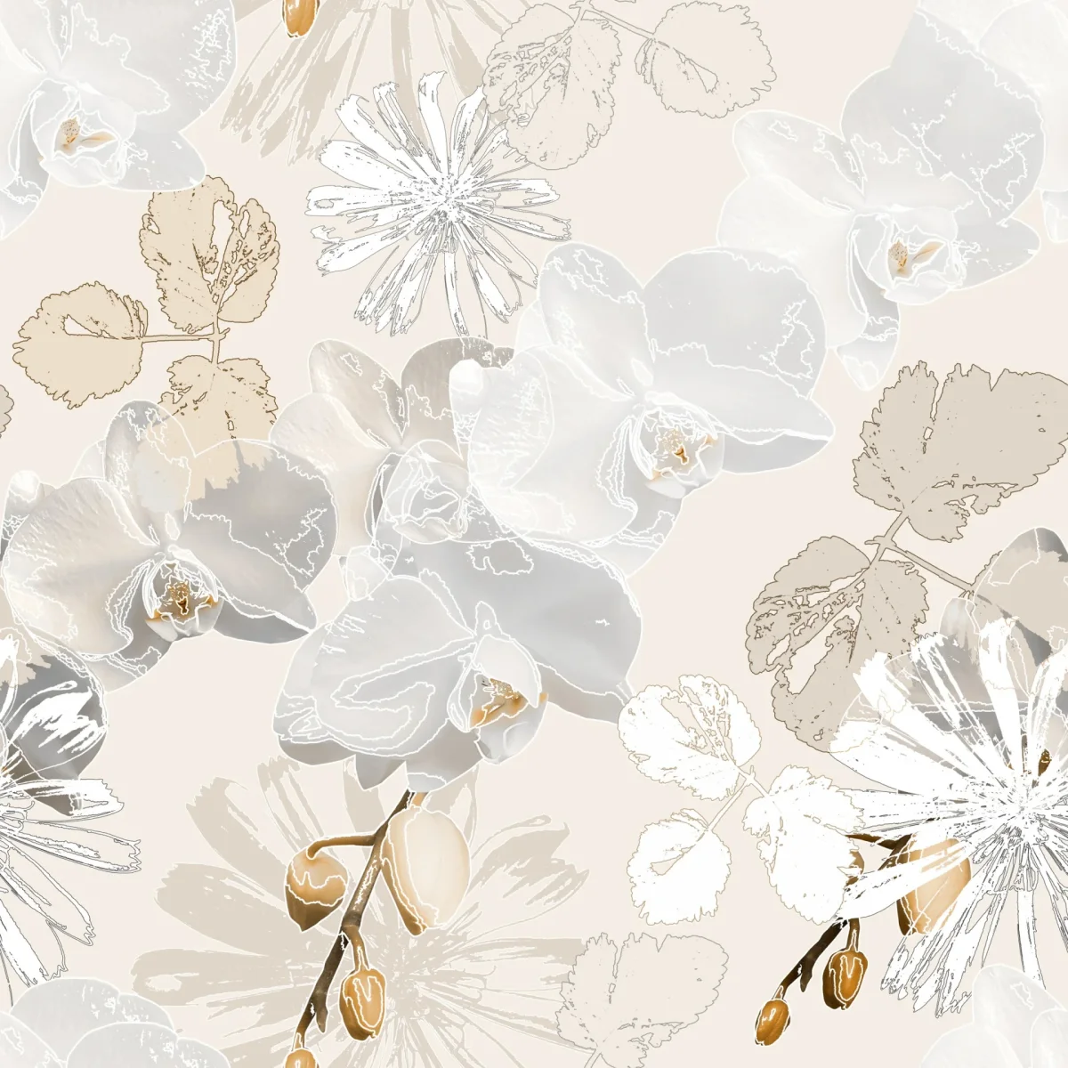 Papier peint Orchidées grises et marguerites blanches - Saldi Peinture Straordinari – Offerte Speciali Disponibili Adesso